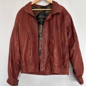Saxony Collection Vintage Leather Bomber Jacket Red Brown with Patterned Lining